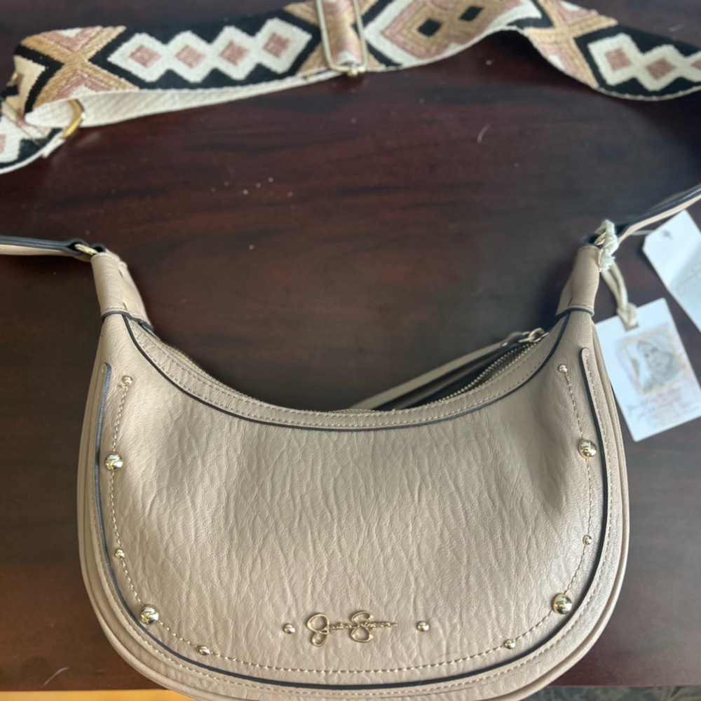 Jessica Simpson Beige Leather Crossbody Bag with Embellished Strap